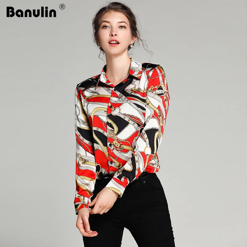 

Women Vintage Print Blouse 2019 Spring Fashion Runway Style Long Sleeve Turn Down Collar Basic Shirt Casual Loose Tops blusas