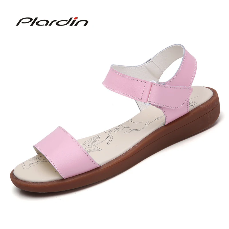 

Plardin 2018 Women Shoes Summer Buckle Strap Flat Heel Genuine Leather Casual Ankle Strap Shoes Woman Beach Sandals Slippers
