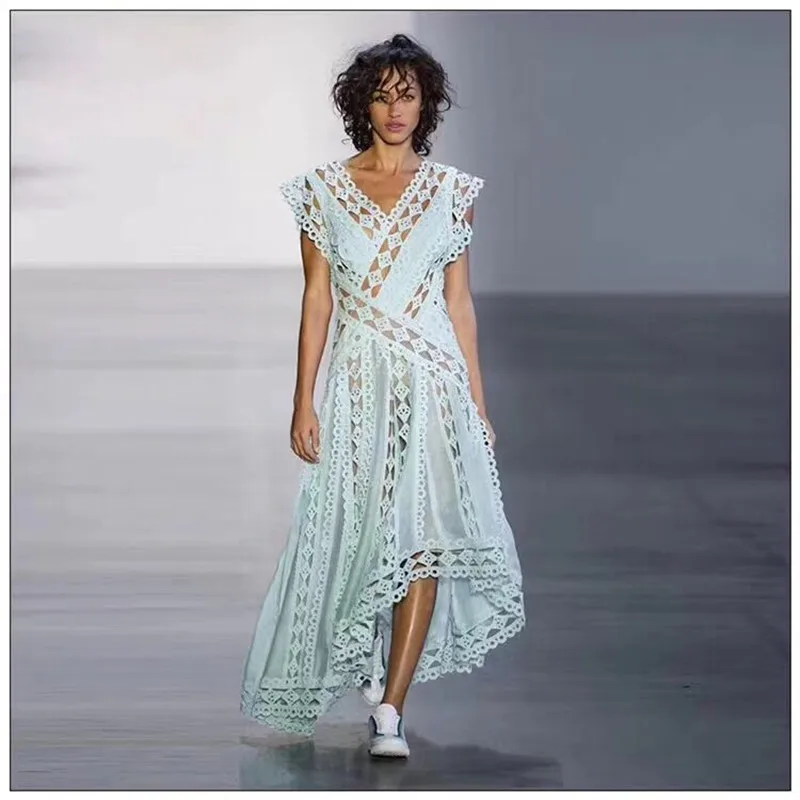 

Newest 2019 Summer blue/White Heavy Work Water Soluble Lace Hollow Hook Flower Dress Casual Long Party Dresses Brand Vestido