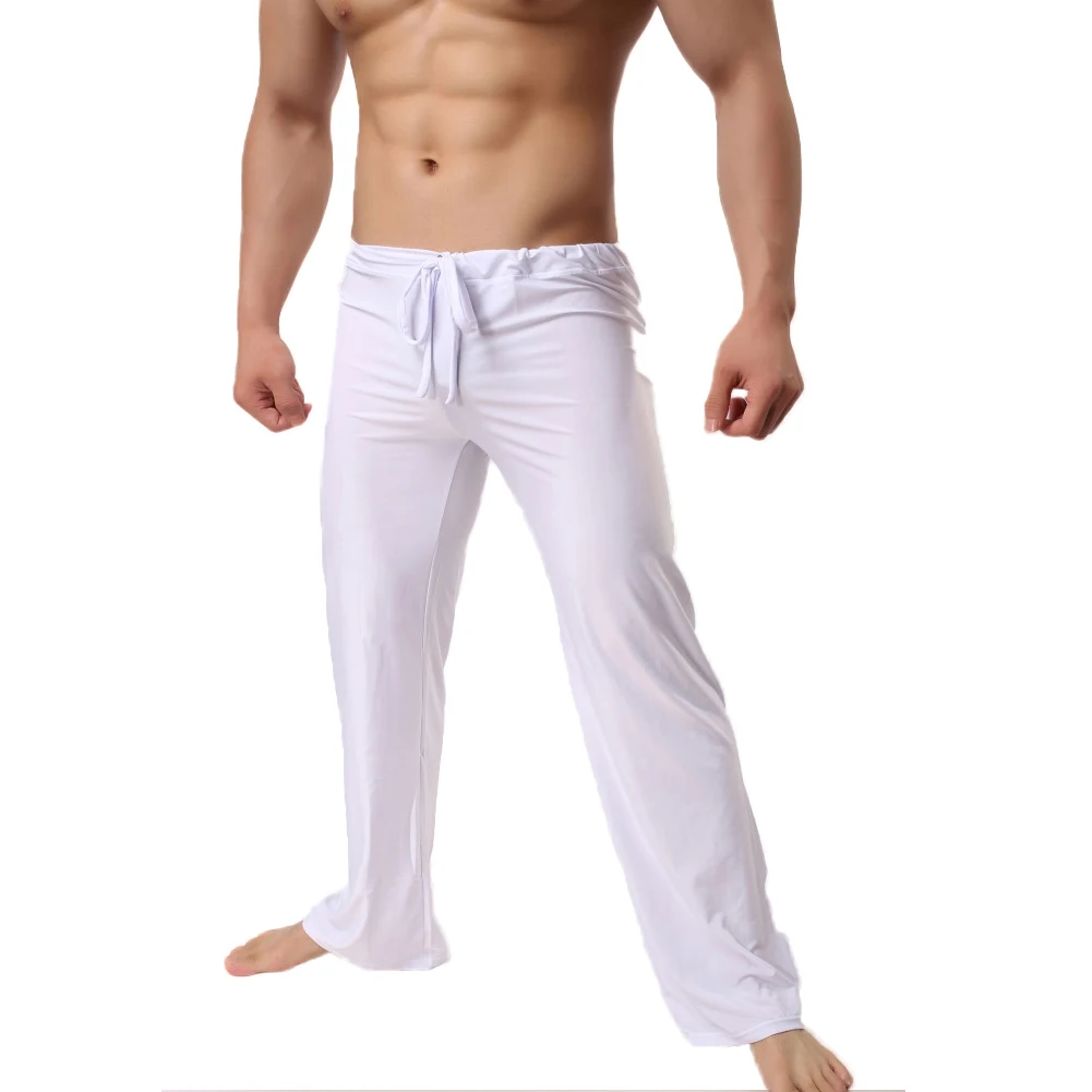 Мужские длинные штаны, одежда для сна, атласные дышащие Нескользящие Мужские штаны для сна, мужские повседневные брюки, домашние брюки на завязках, пижамы, свободные - Цвет: Белый
