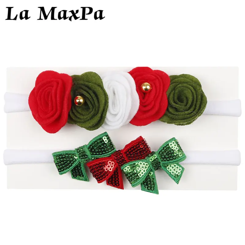 

2 Pcs/set Christmas baby Headband with Flowers Sequin Hair Bows Felt Bowknot Nylon Hair Band Girls Hair Accessories