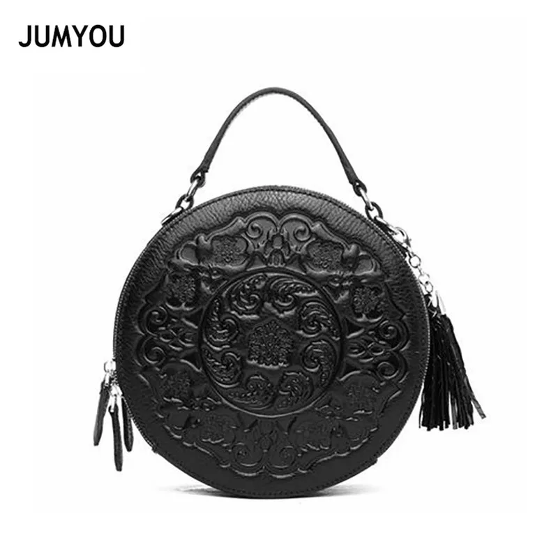 

Tassel Messenger Bag Lady Soft Genuine Leather Females Bags Top Handle Cow Leather Black Round Bag Handbag Ladies Crossbody Bags