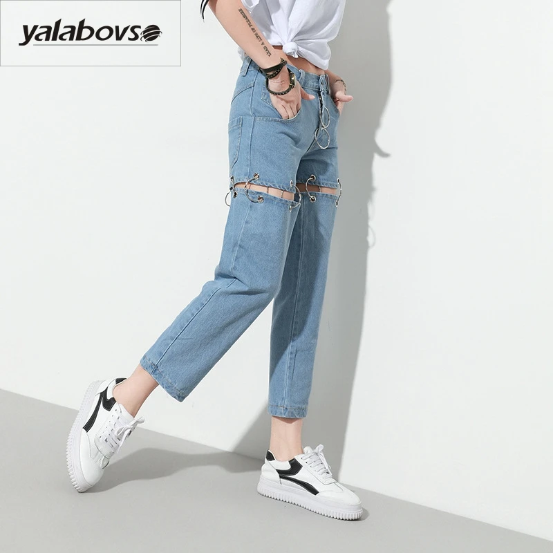 

2017 Newest Spliced Hole Howllow Out Ripped Cotton Mid Waist Patchwork removable Loose pants for woman 17-2606 z20