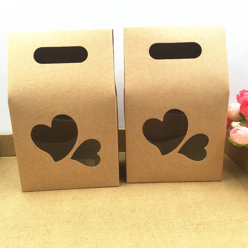 20 шт 10x6x16 см Винтаж добавить ПВХ прозрачное сердце крафт-бумага с окошком коробка на День святого Валентина Свадьба фестиваль яблоко