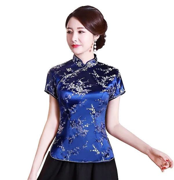 Шанхай история короткие Cheongsam Топ Традиционный китайский искусственный шелк/Атласный топ Дракон и Феникс Вышивка Блузка Топ Qipao рубашка - Цвет: Flower Dark Blue