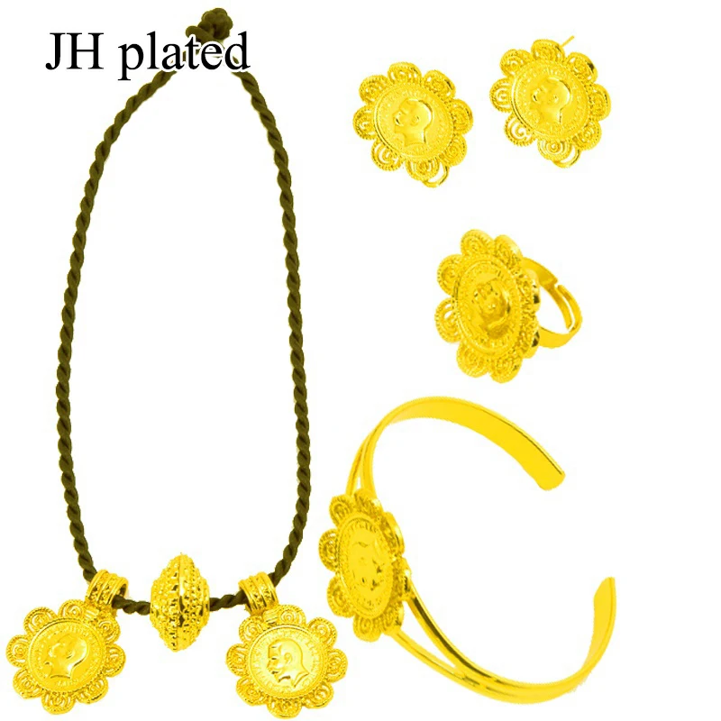

JHplated Ethiopian Coin Sets Jewelry Necklace Earrings Ring Gold Color Eritrea African Bridal Wedding Gift for Women