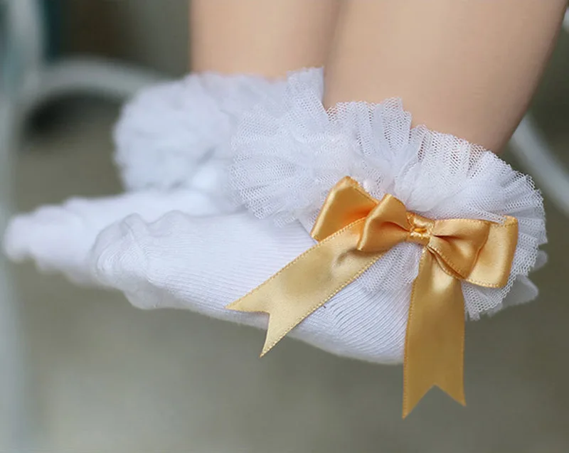 Детские носки новорожденных мода для маленьких девочек дети принцесса бантом кружева сплошной цвет оборки Frilly Горячая лук носки принцессы