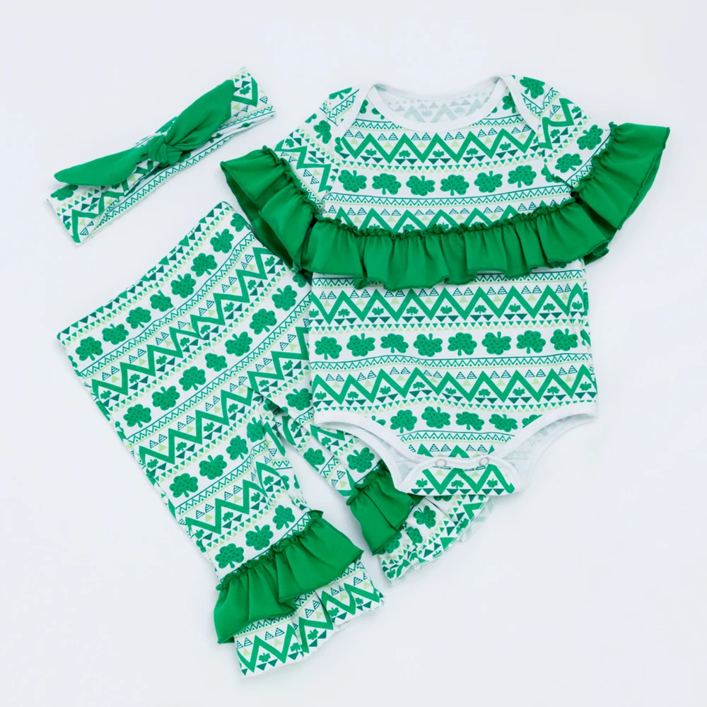 

YK&Loving Saint Patrick's Day Green Clover Baby Girl Clothes 3PCS Infant Ruffle Romper Pant Headwear Outfit Girls Party Clothing