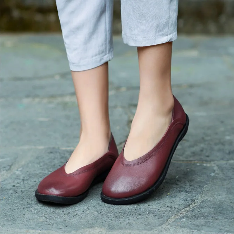 Couche Simple Confort Nouveau Main Printemps Loisirs Femmes Chaussures Faits En Rétro De apricot La Coffee Produits Été vin Peau Supérieure Cuir Rouge Et Vache À FxqxawR