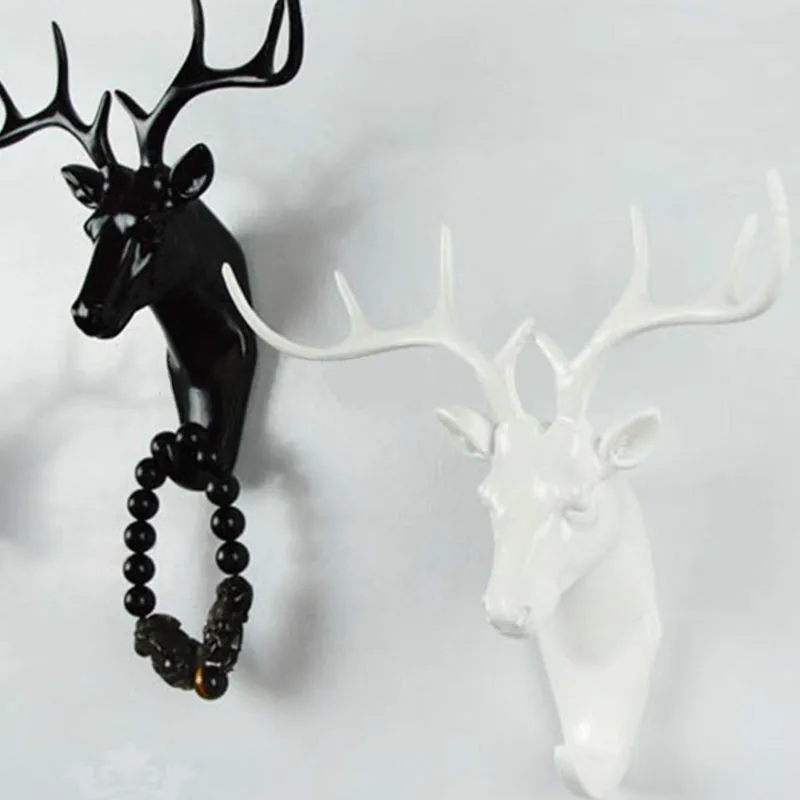 

9 Hooks Animal Deer Stags Head Key Hooks Wall Hanger Rack Holder Resin Home Decorative Hooks Rails Black Dark Gray White
