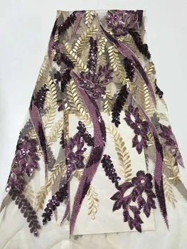 

Purple Gold African Organza Lace Fabric With Sequins 3D Applique Lace African Embroidery Lace Fabric 5 Yards/piece For Dress