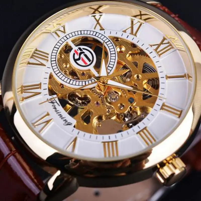 

Hollow Engraving automatic mechanical watch Black Gold Case Leather Skeleton Mechanical Watches Men Luxury Brand Relogio