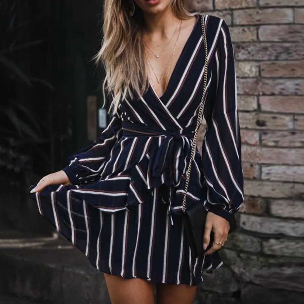 

2018 Long sleeve striated mini dress Elegant women autumn winter ruffle short dress Vintage loose casual sash wrap dress F30