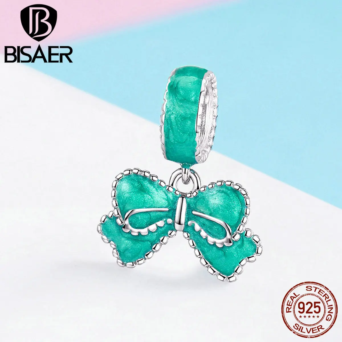 

BISAER 2019 New 925 Sterling Silver Green Bowknot Charms Pendant Bowknot Beads fit Original Bracelets DIY Jewelry Making ECC1150