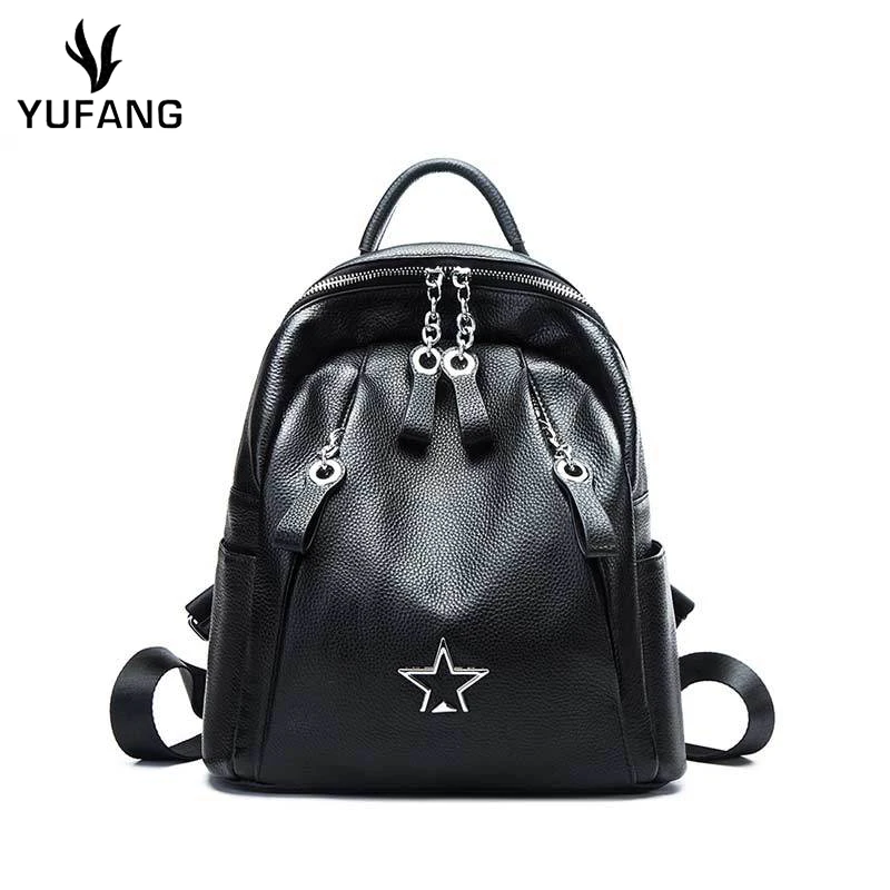 

YUFANG Women Backpack Genuine Leather Female Shoulder Daypack Black Color School Backpack Girl Teenager Large Capacity Daily Bag