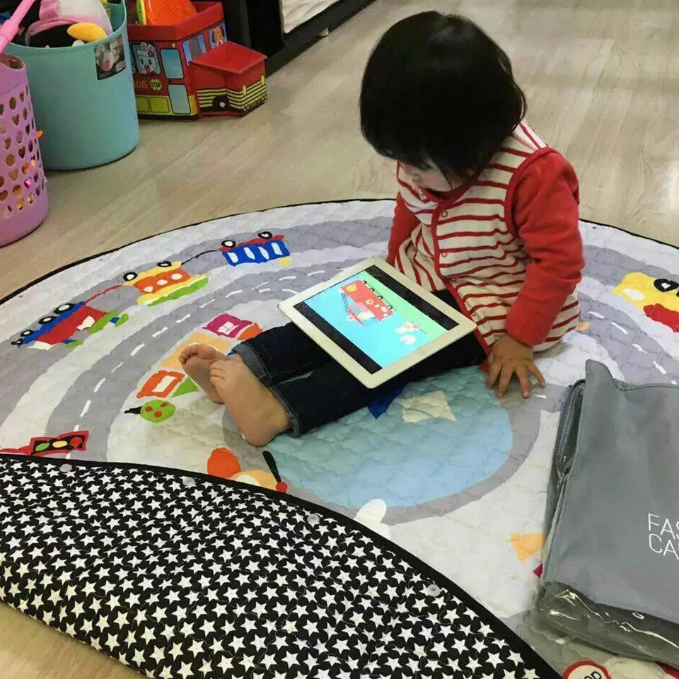 Portable Kids Toy Storage Bag And Play Mat Baby Crawling Blanket Mat/Rug/Carpet For Children   Soft Cartoon Toys Organizer Round