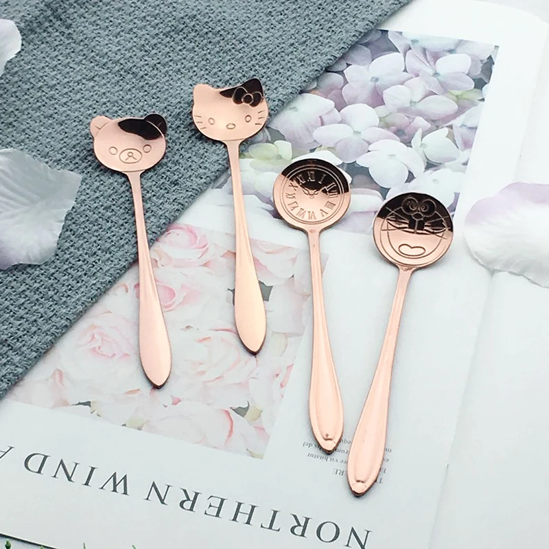 4 Pcs Set Cute Cartoon Style Black Mini Tea Spoon Gold Coffee Cute Cartoon Style Black Mini Tea Spoon