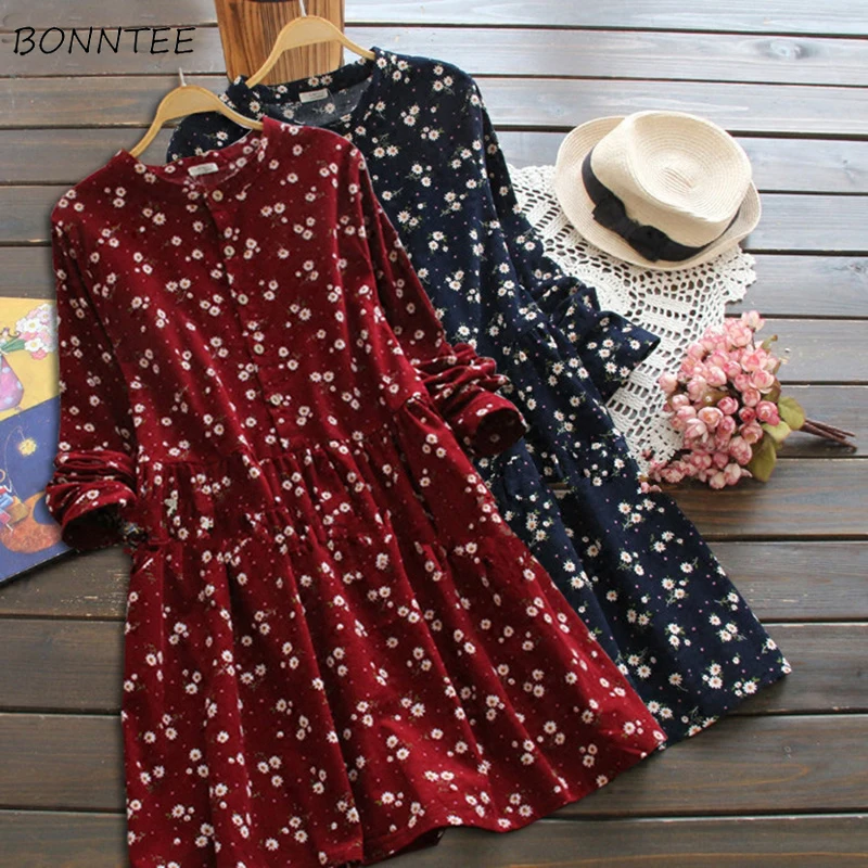 

Dress Women Printed Elegant Loose Korean Style O-Neck Leisure All-match Mid-Calf Length Womens Autumn 2019 New Retro Long Sleeve