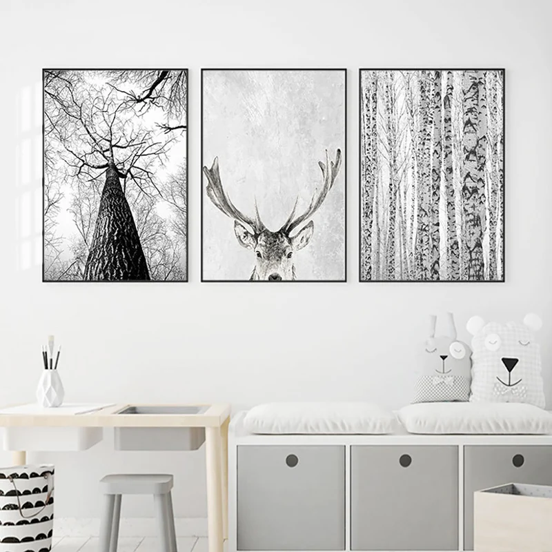 Современная Скандинавская настенная живопись на холсте с серым белым деревом, оленями, постеры с животными и принтами, картины для украшения гостиной