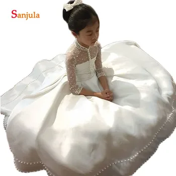 

High Neck Three Quarter Sleeve Flower Girls Dresses White Satin Ball Gown Princess Child Pageant Party Dress See Though D267