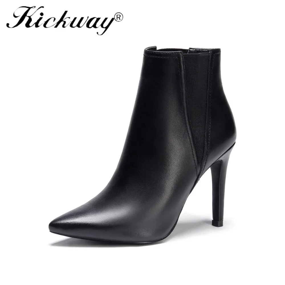 

Kickway 2018 hot sale genuine leather pointed toe high heel women boots brand Elastic high heel shoes ankle boots girls boots