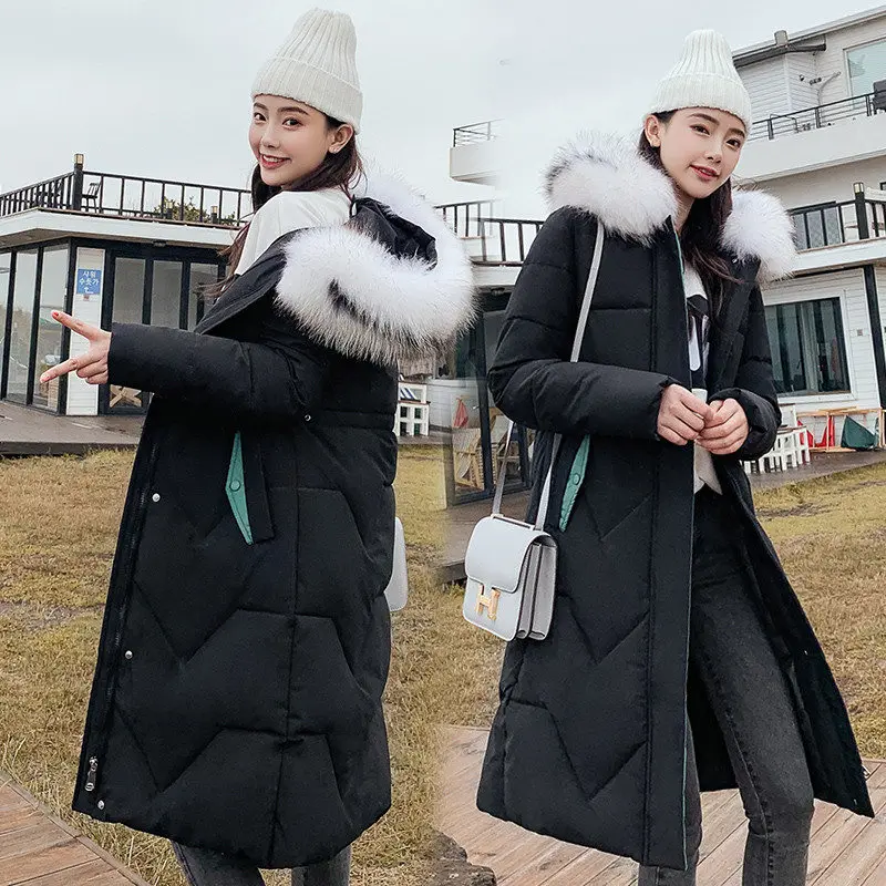 Модное пальто-пуховик хлопковые пальто Зимняя Женская одежда длинный участок корейский большой меховой воротник парки из толстой ткани жакет, женский пиджак V848 - Цвет: black