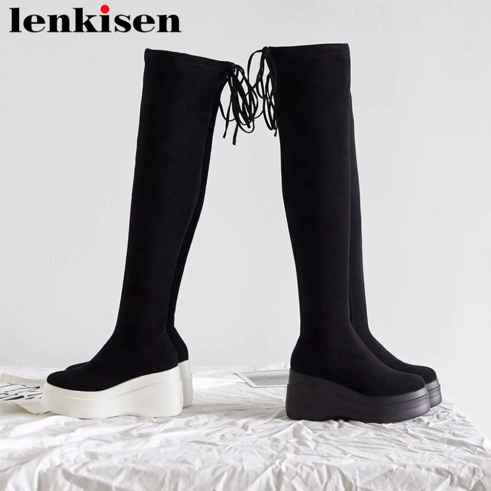 

Lenkisen round toe super high bottom zip flock waterproof bowtie black color high fashion women stretch over-the-knee boots L39