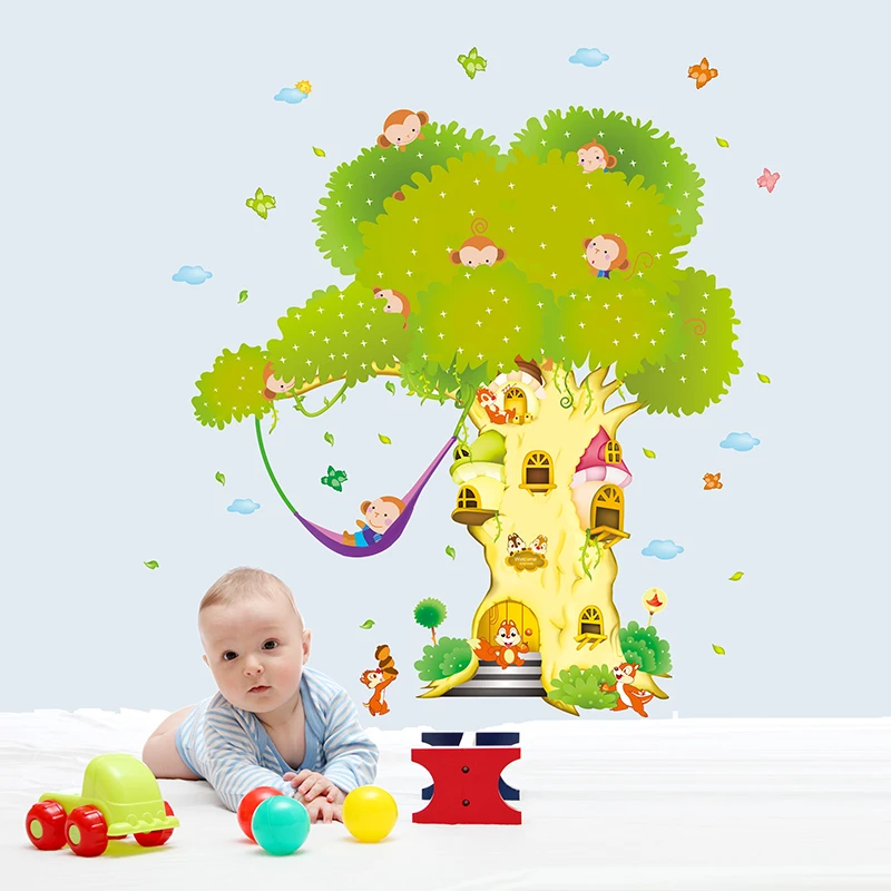 

[SHIJUEHEZI] Tree House Animals Wall Stickers for Kids Bedroom Nursery Decoration DIY Jungles Monkeys Squirrels Mural Decals