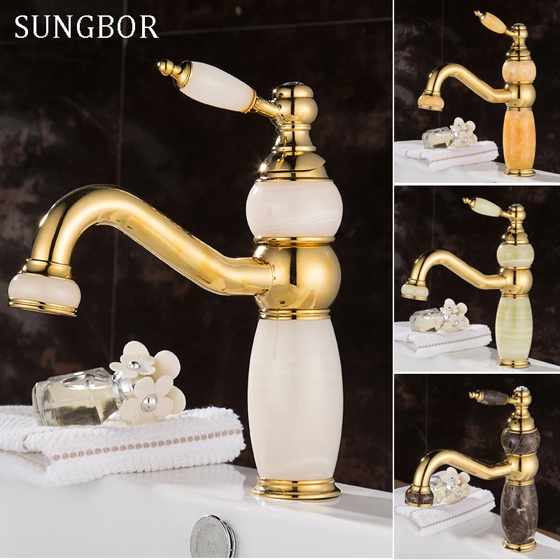 

European Basin Faucet Jade Painting Crystal Faucet Handles Golden Color Mixer Gold Basin Taps Cold & Hot Water Tap AL-9226K