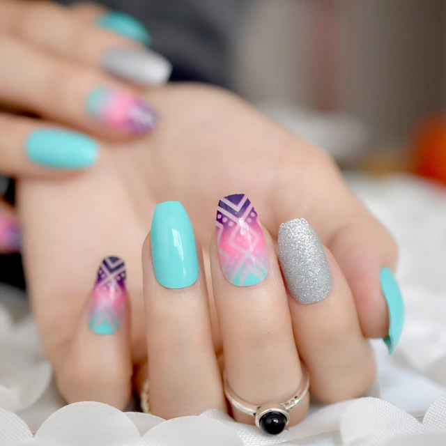 Medium Ballerina Nail Art Tips Traditional Race Pattern Glitter Fake
