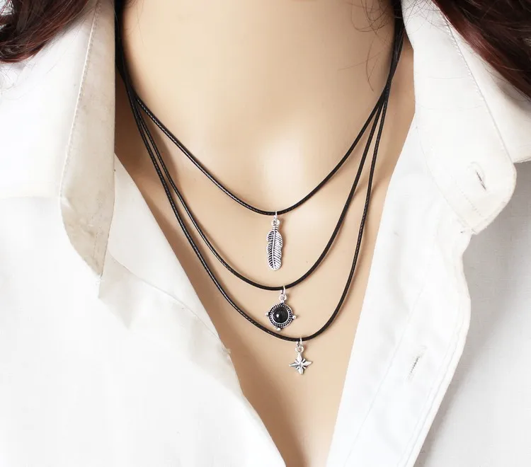

2017 Hot Torques Collar Necklace Women Black Choker Necklace Leather Maxi Statement Leaves Pendant Multilayer Necklace Set