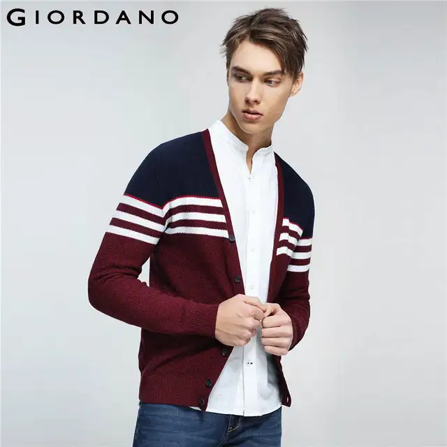 Giordano Men Sweater Combed Cotton V Neck Cardigan Stripes Jacquard Ribbed Crewneck Warm Sweaters Homme Uomo Maglione Brand