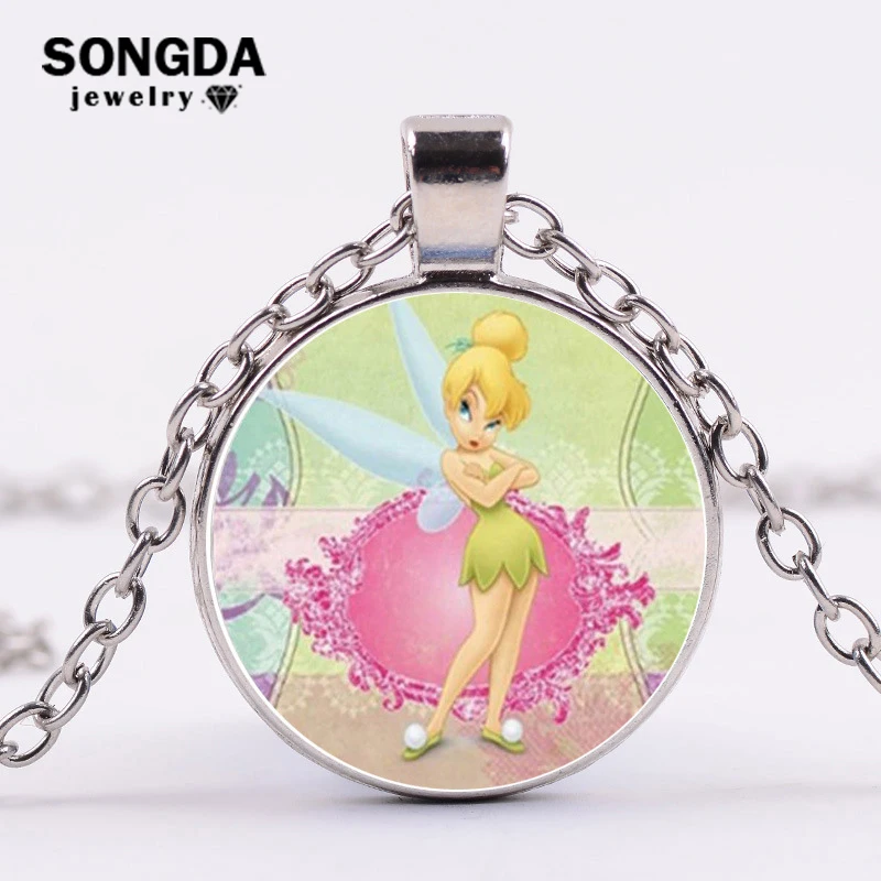 

SONGDA Tinkerbell Fairy Angel Necklace Elf Princess Photo Glass Crystal Pendant Children Long Chain Necklace Birthday Party Gift