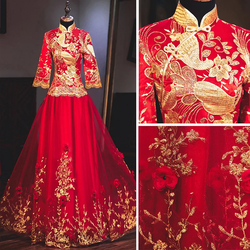 Красный платье Чонсам с вышивкой длинные свадебное платье Qipao Для женщин Традиционный китайский вечернее платье атлас халат восточные