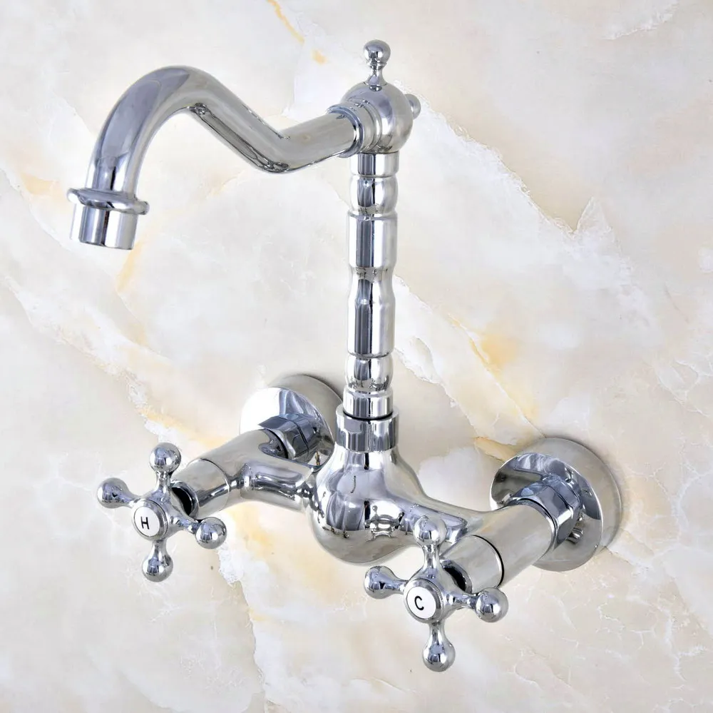 Polished Chrome Brass Wall Mount Bathroom Basin Kitchen Sink Faucet Swivel Spout Mixer Tap Dual Cross Handles Levers anf576