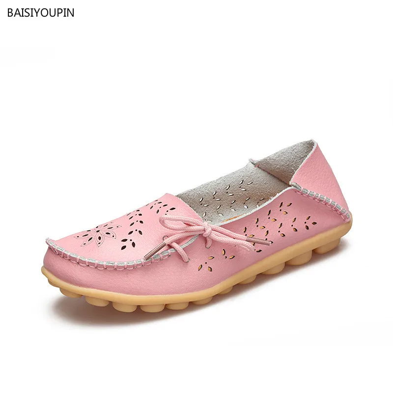 

New Fashion Women Casual Flats Shoes Genuine Leather Cut-Outs Loafers Mama's Lace Up Slip On Flats Female Footwear Plus 34-44