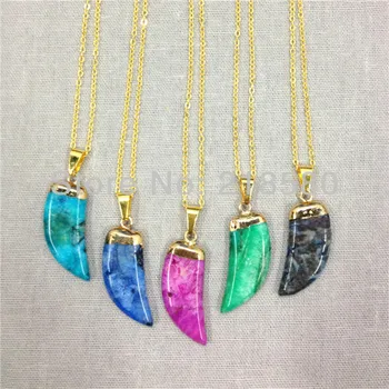 

H-QN51 Mix Agat Horn Tusk Pendant Necklace Gold Color