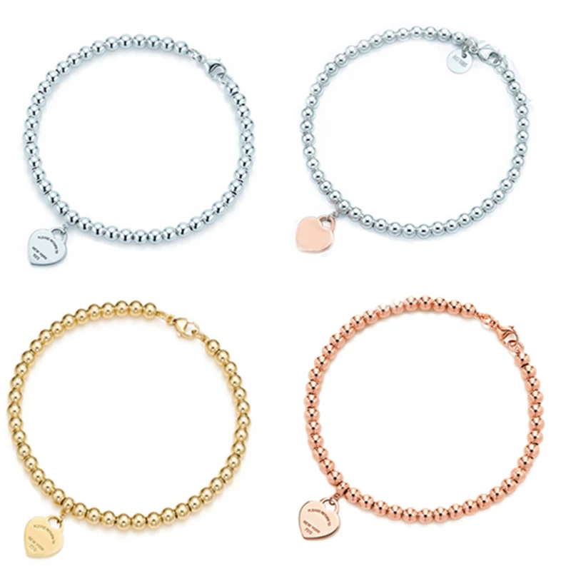 

Top Brand Logo Sterling Silver Bracelet For Women Tiff Designer Bead Love Heart Pendant Bileklik Pulseras Mujer Moda 2019 Joyas