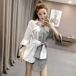 Корейская модная Лоскутная поясом блузки Большие размеры iiregular Стиль Женские топы и блузки 2018 женская блузка 2018 jn466