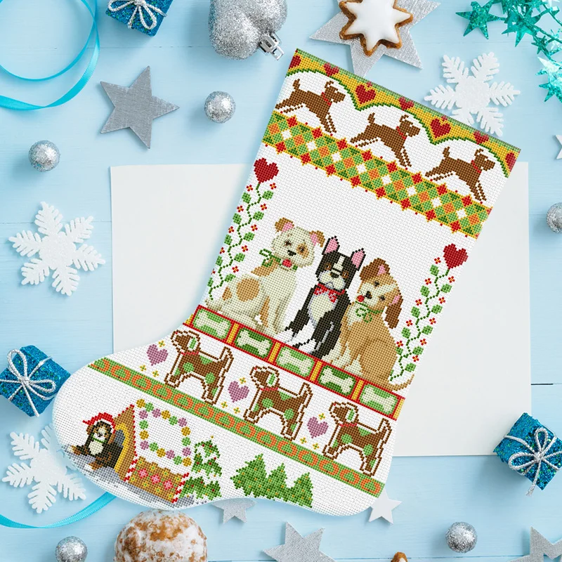Puppy Christmas stockings cross stitch kit DMC brand thread animal dog