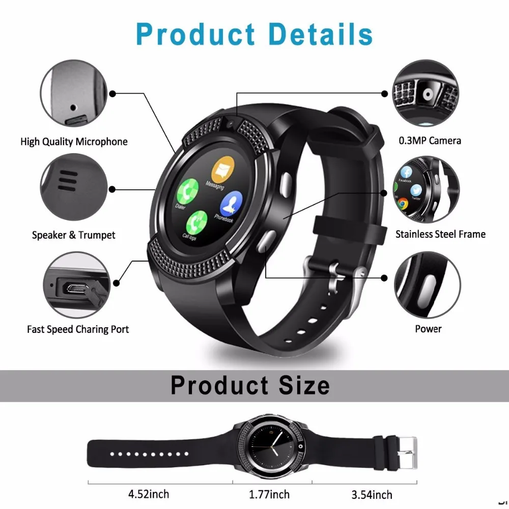 Smart Watch V8 Bluetooth Android Watch Women SIM Slot IP67 Waterproof Touch Screen SMS iOs Watch Smart Watch PK DZ09 Smartwatch