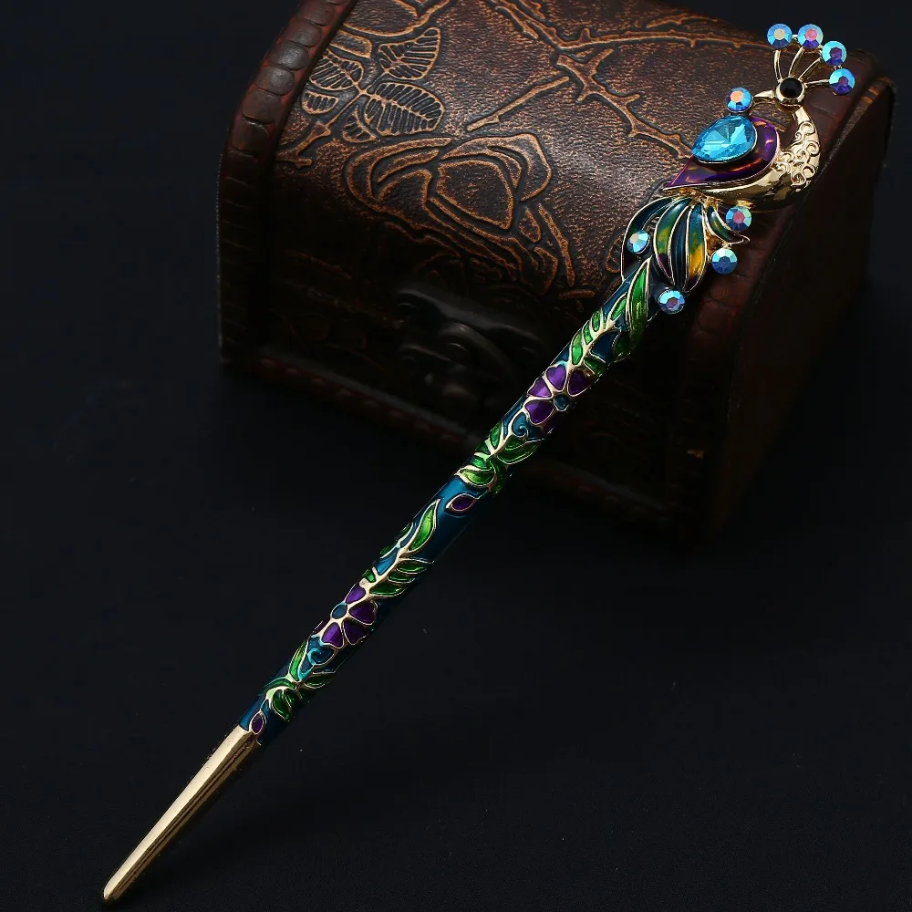 Retro Women Cloisonne Crystal Peacock Hair Stick Hairpin 