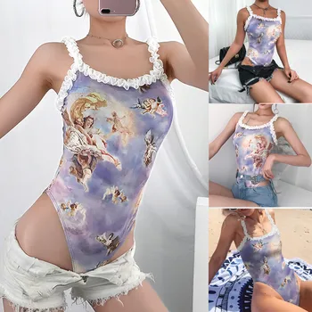 

2019 New Funny Print Bodysuits Fashion Women Sexy Little Angle Print Lace Up Sleeveless Casual Strap Jumpsuits streetwear #C