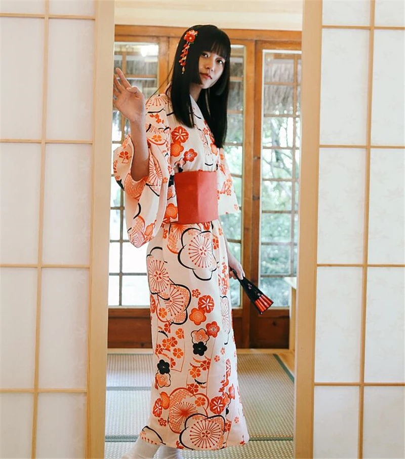 Кимоно верхняя одежда халат костюм Девушка длинное платье с v-образным вырезом японское кимоно Женский оранжевый розовый платье