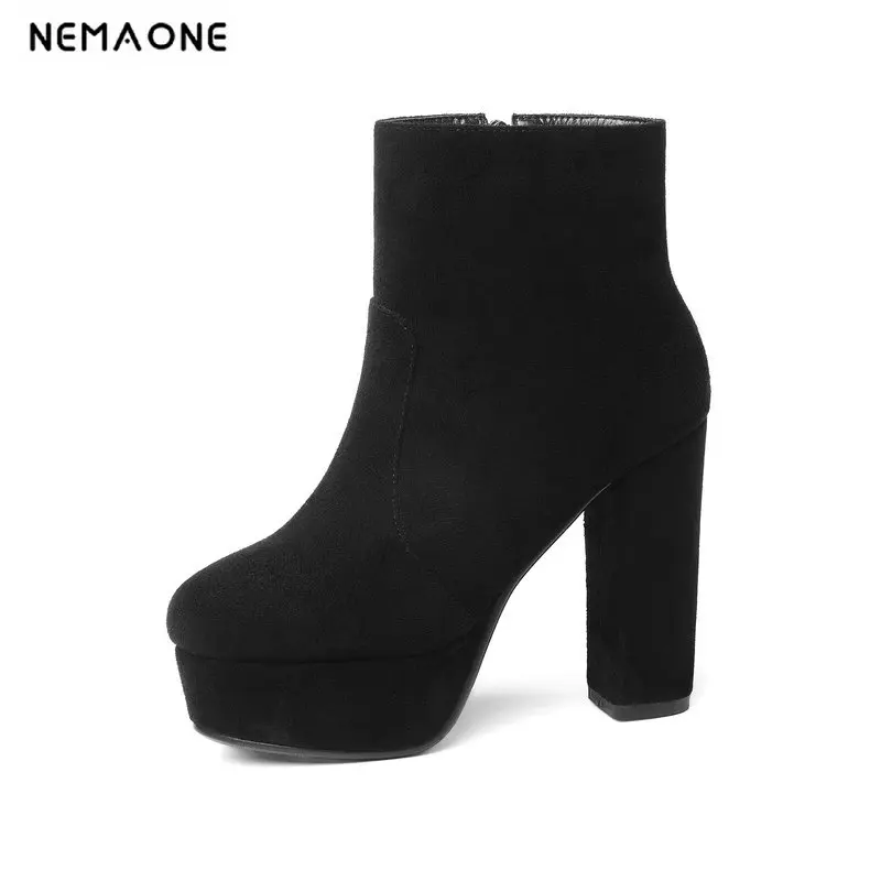 Achat NEMAONE 2018 nouveau top qualité flock cuir bottes femmes talons hauts plateforme bottines pour femmes bout rond automne hiver chaussures