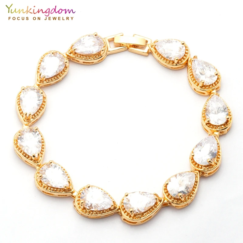 

Yunkingdom Engagement Crystal Bracelets&Bangles for Women White Water Drop Zircon Wedding Jewelry Yellow Gold Color Bracelet