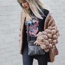 Вязаный крючком свитер кардиган с объемным цветочным крючком грубое пальто с v-образным вырезом грубая шерстяная куртка с рукавами-фонариками свободные топы