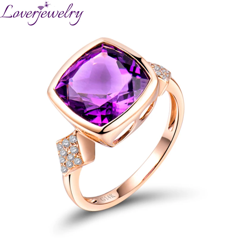 Solid 14K Rose Gold Jewelry Cushion Cut Natural Purple Amethyst Ring Lovely Gift For Girl ...