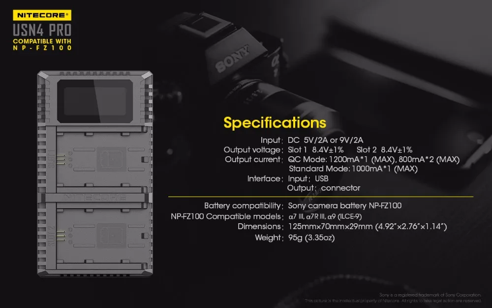 Nitecore USN4 Pro Двойной слот USB QC зарядное устройство для sony a7 III, a7R III, a9(ILCE-9) Совместимость с NP-FZ100 аккумуляторами