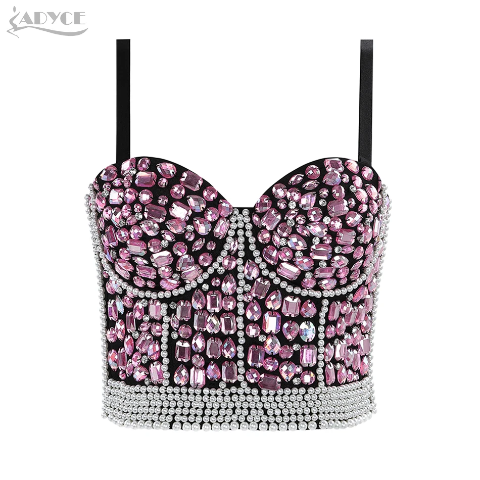 

ADYCE New Summer Women Luxury Diamond Celebrity Runway Evening Party Blouse Sexy Sleeveless Pearl Fashion Club Bodycon Camis Top